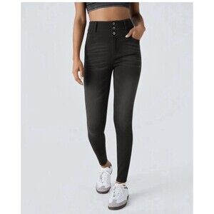 Halara Flex Jeans High Waist 3-Button Zipper Pockets Casual Skinny Grey Black L